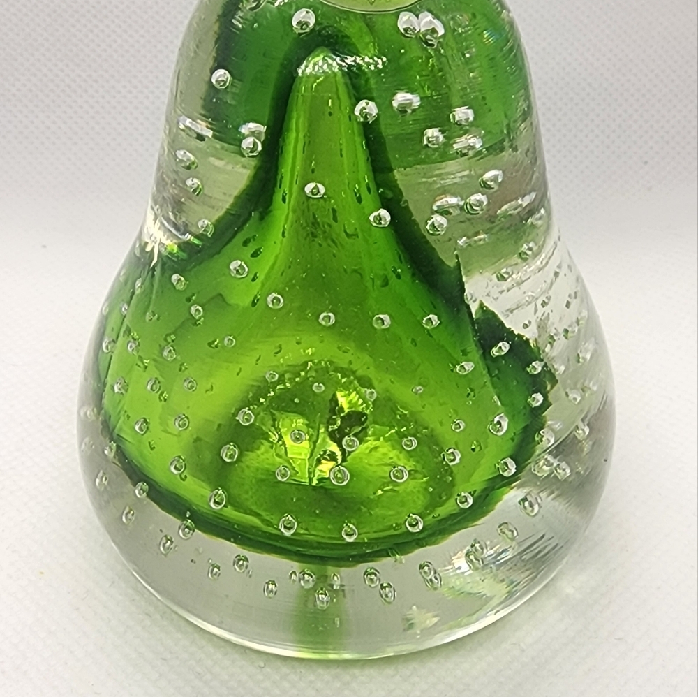 Glass Paperweight Pear Shape Green & Clear Glass with Air Bubbles - Picture 3 of 10